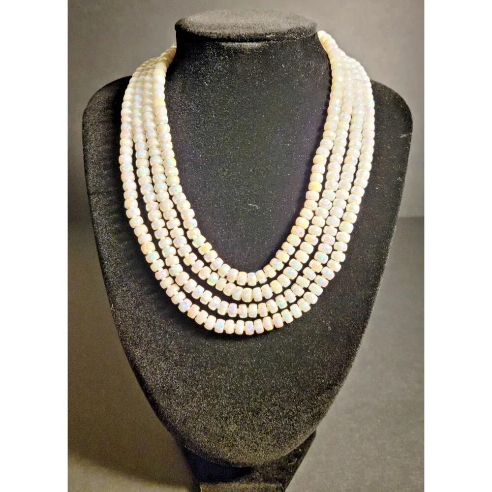 Vintage 1950s 4 Strand Opalescent Glass Bead Necklace Wedding Glam Mid Century